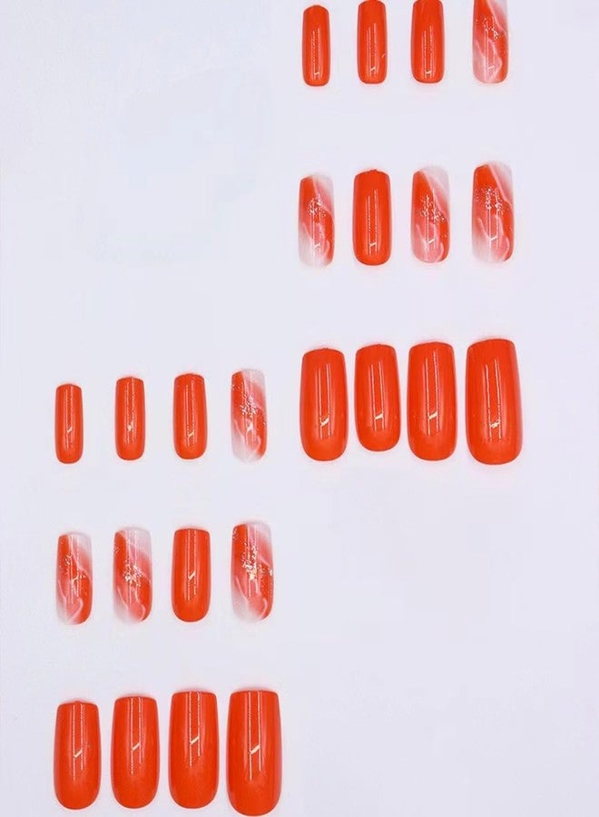 CTTHNBD Medium Press on Nails Square - Orange Fake Nails with Gold Foil Design - Glossy Full Cover Stick on False Nails - for Women 24 Pcs - Image 3